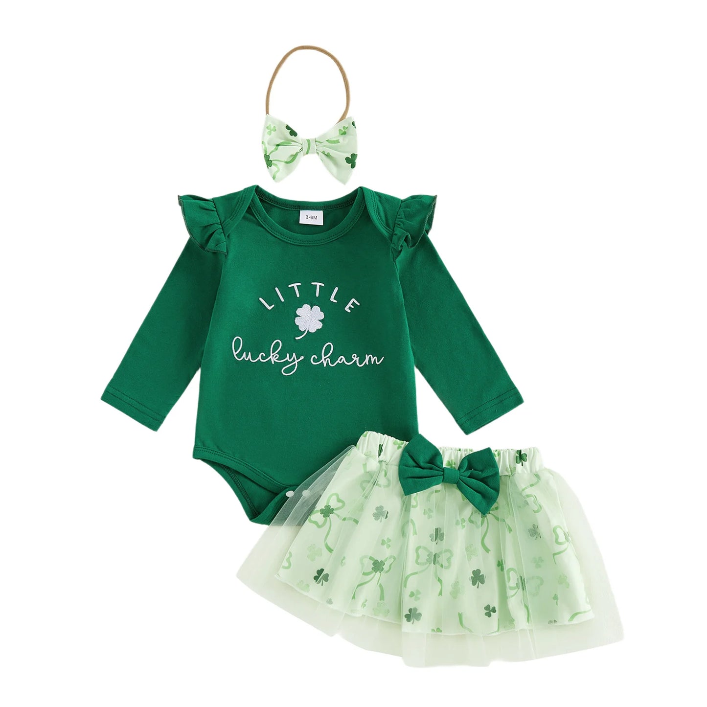 St Patrick Day Baby Girl Outfit Clover Embroidery Bodysuit Tulle Skirt Headband