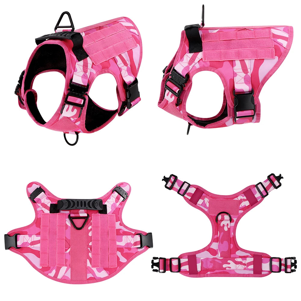 Military Pink Camouflage Dog Harness for Large Medium Dogs Adjustable Tactical Training Vest