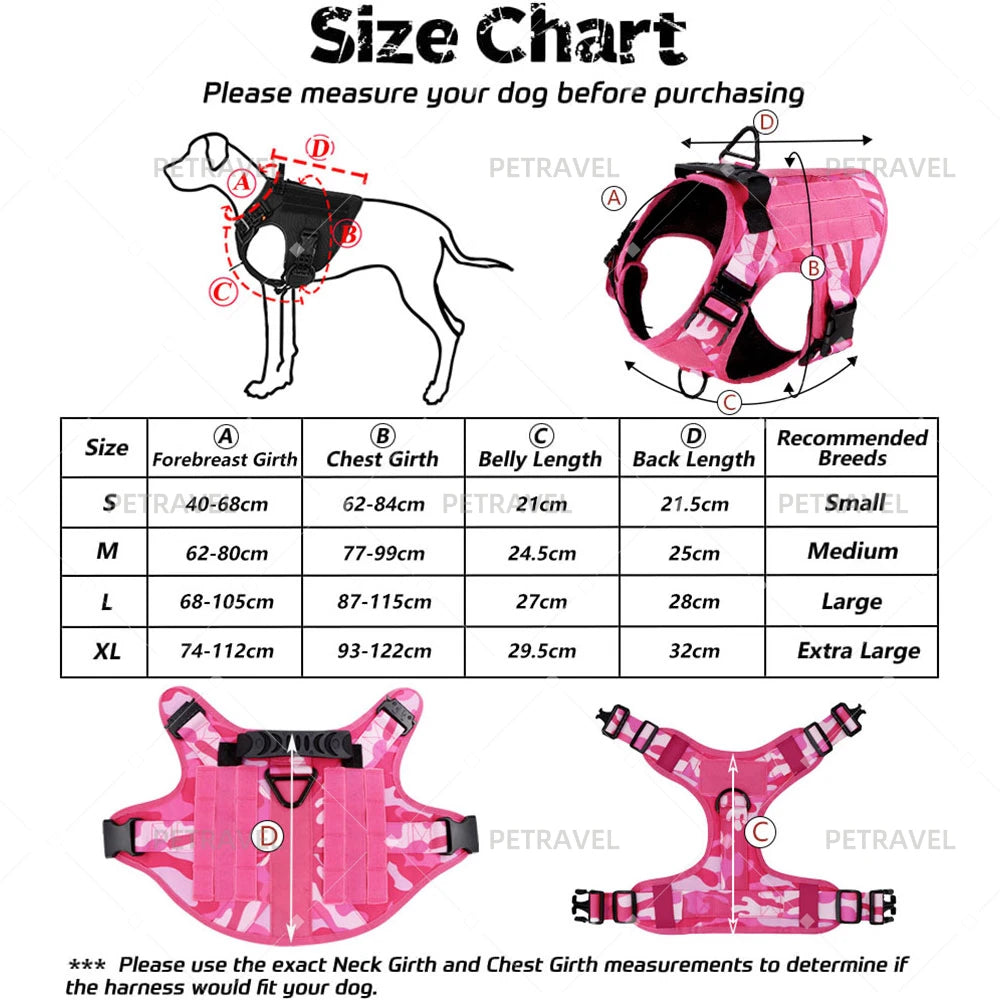 Military Pink Camouflage Dog Harness for Large Medium Dogs Adjustable Tactical Training Vest