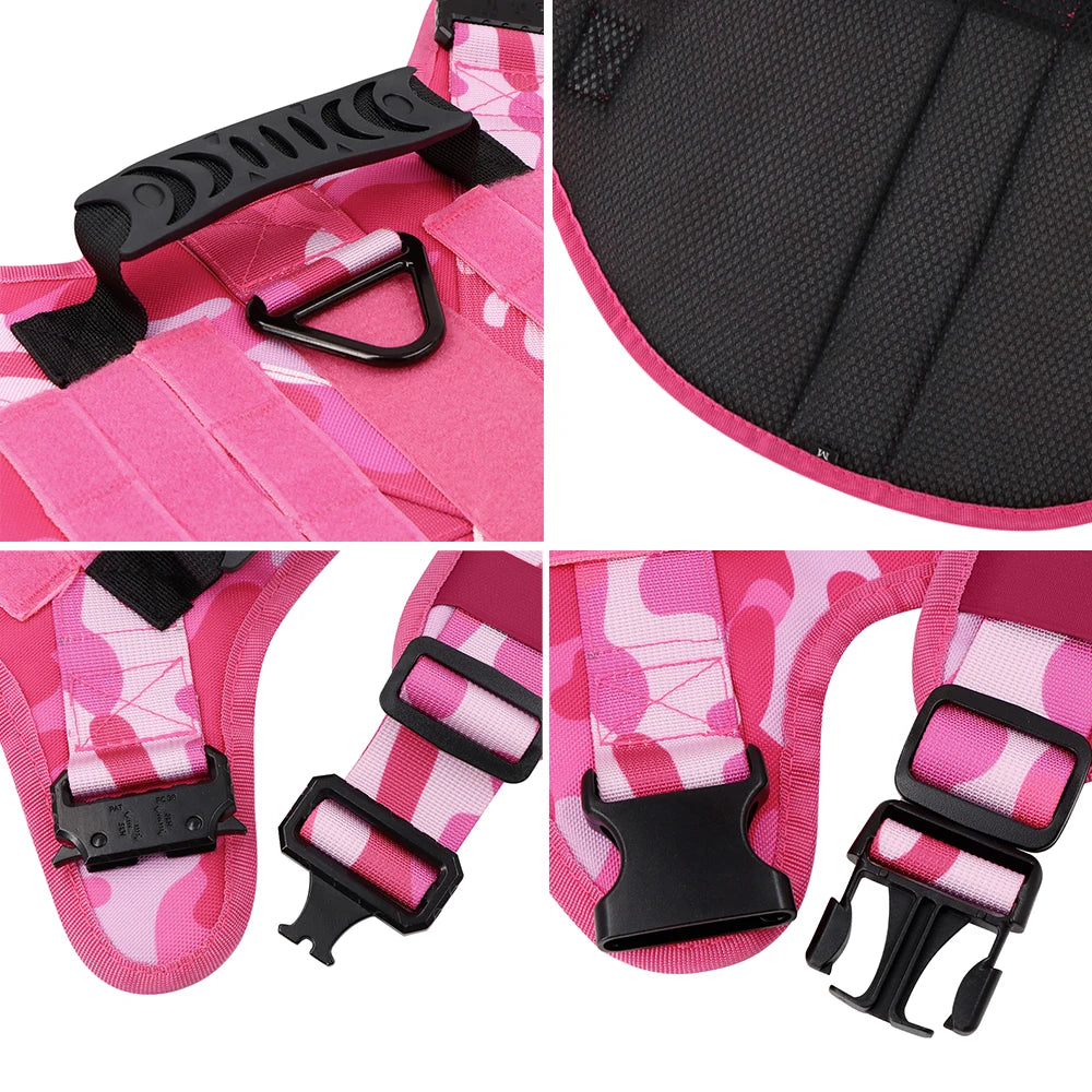 Military Pink Camouflage Dog Harness for Large Medium Dogs Adjustable Tactical Training Vest