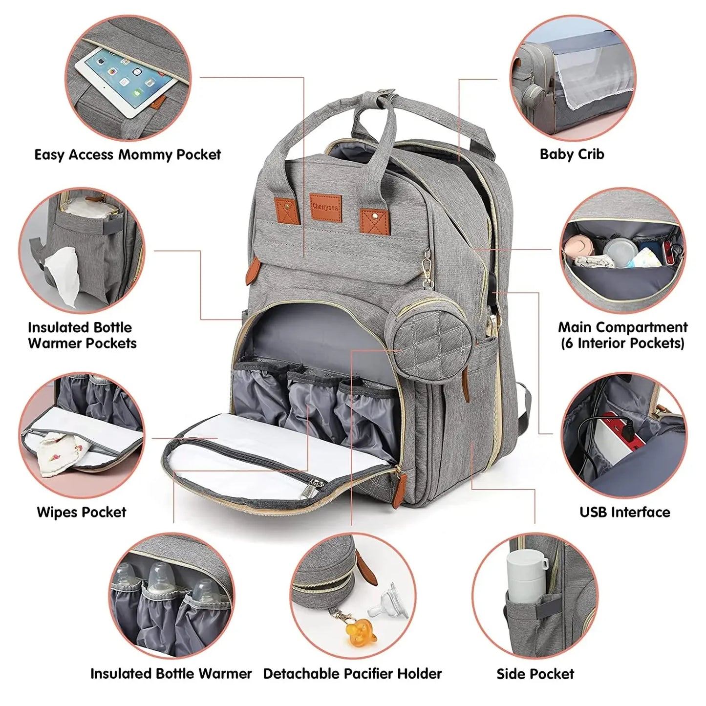 3 In 1 Diaper Bag Backpack Foldable Baby Bed Waterproof Travel Bag with USB Charging
