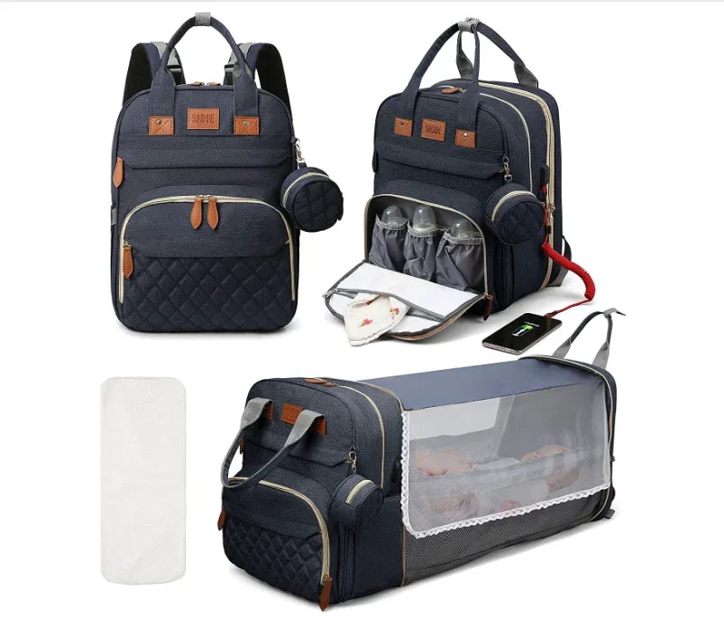 3 In 1 Diaper Bag Backpack Foldable Baby Bed Waterproof Travel Bag with USB Charging
