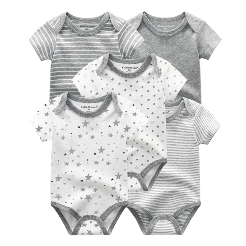 Discover the Kiddiezoom five-piece summer bodysuit set, delivering soft, breathable comfort for your newborn all season long.