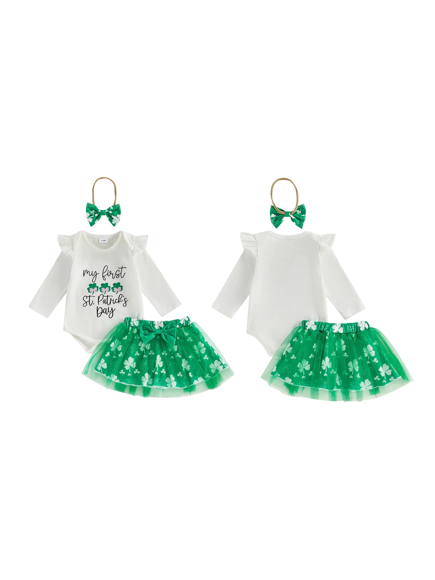 St Patrick Day Baby Girl Outfit Clover Embroidery Bodysuit Tulle Skirt Headband