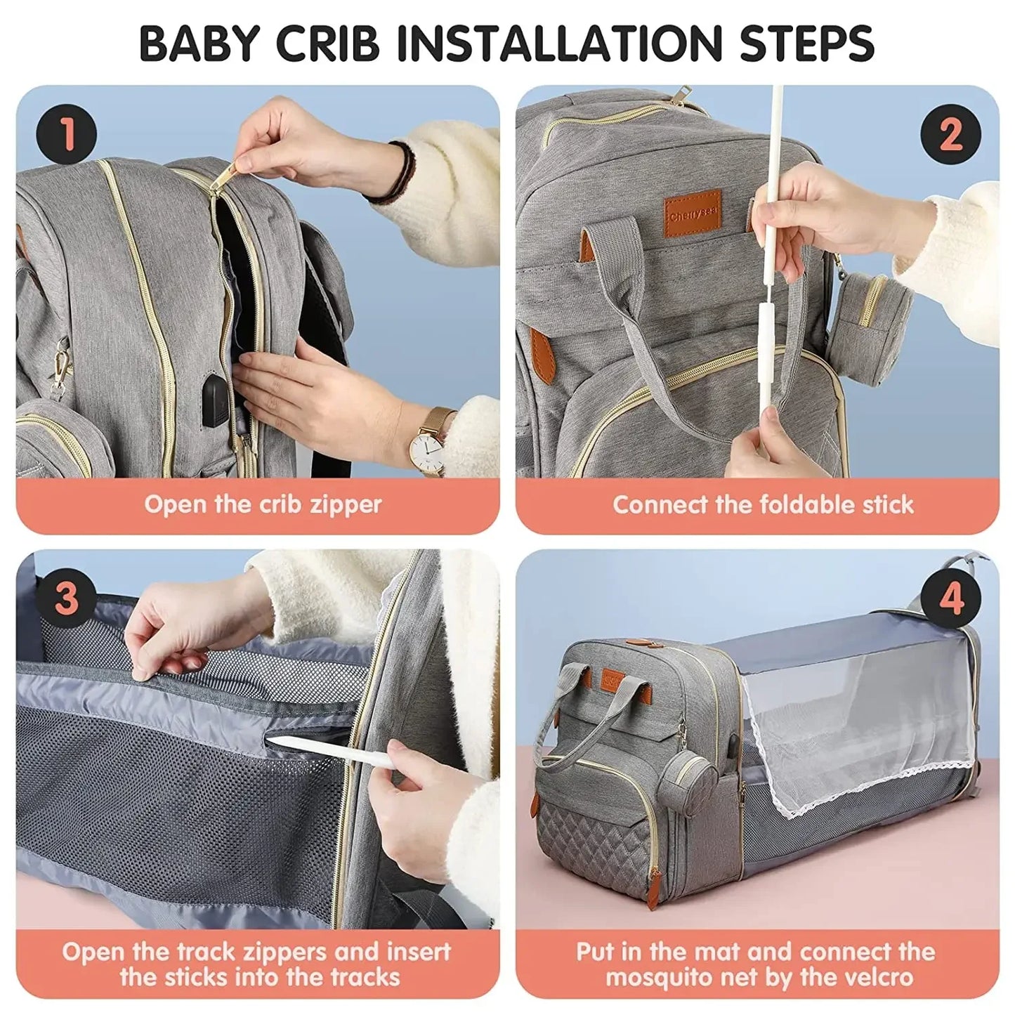 3 In 1 Diaper Bag Backpack Foldable Baby Bed Waterproof Travel Bag with USB Charging