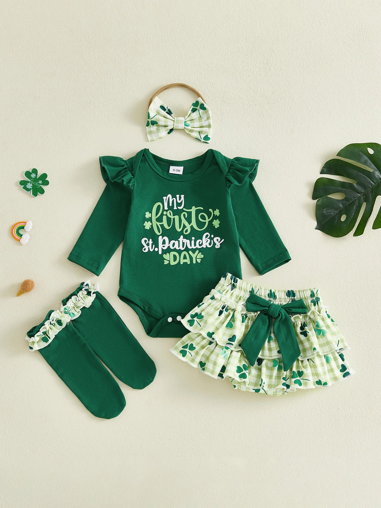 St Patrick's Day Clover Print Baby Girl Romper Set With Bow Headband Socks