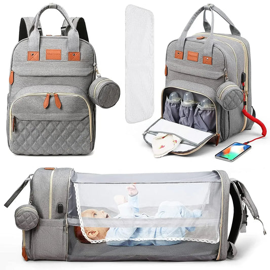 3 In 1 Diaper Bag Backpack Foldable Baby Bed Waterproof Travel Bag with USB Charging