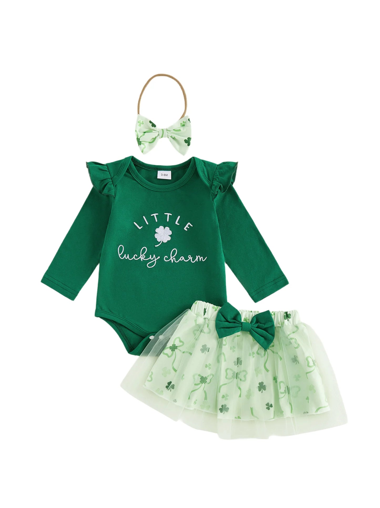 St Patrick Day Baby Girl Outfit Clover Embroidery Bodysuit Tulle Skirt Headband
