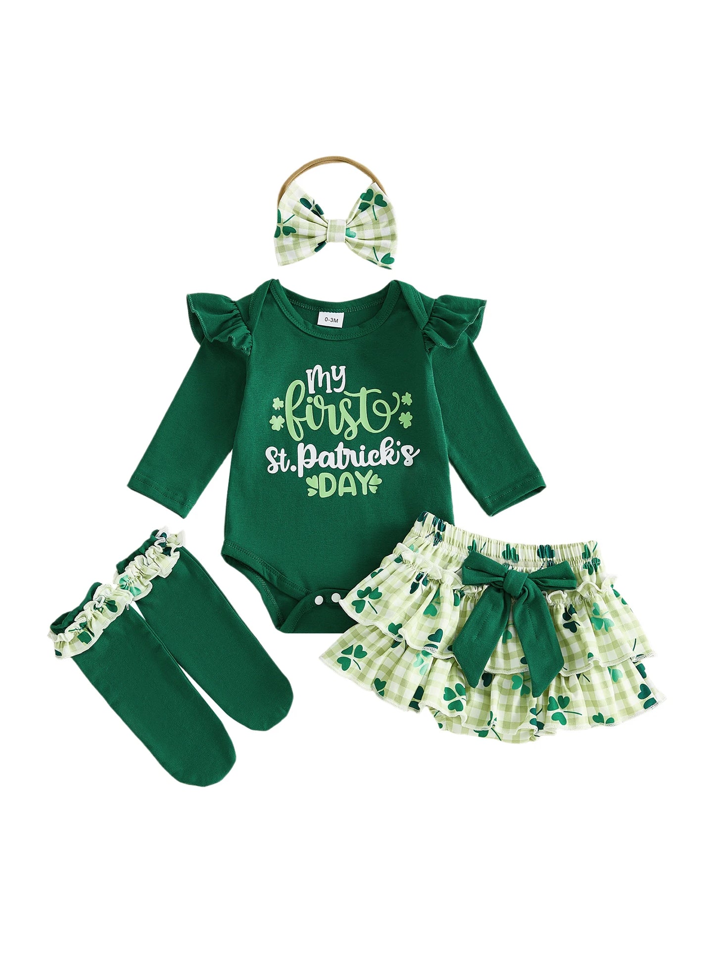 St Patrick's Day Clover Print Baby Girl Romper Set With Bow Headband Socks