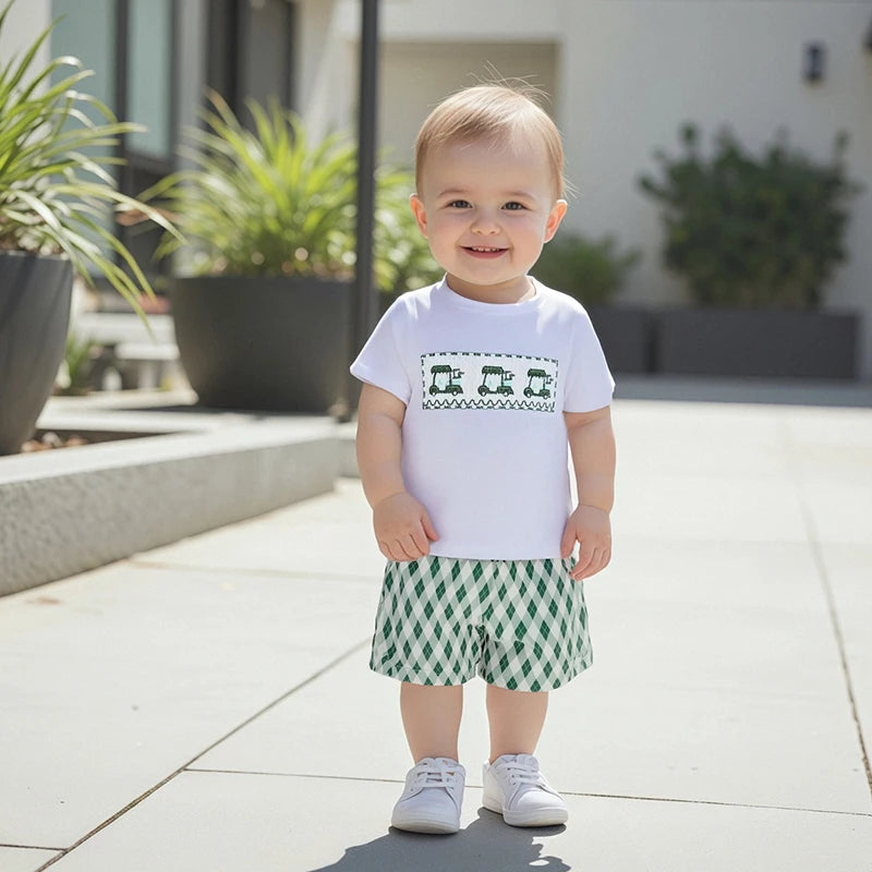 You’ll love dressing your little one in this adorable infant boy tee and checkered shorts set, perfect for hot weather outings.