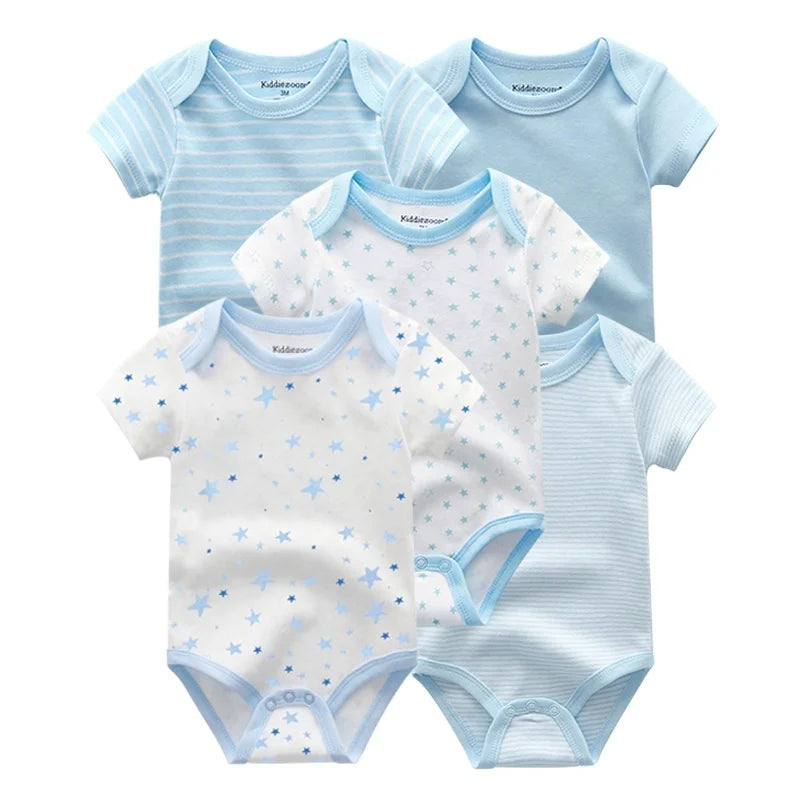 Discover the Kiddiezoom five-piece summer bodysuit set, delivering soft, breathable comfort for your newborn all season long.