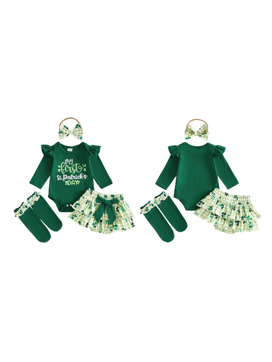 St Patrick's Day Clover Print Baby Girl Romper Set With Bow Headband Socks