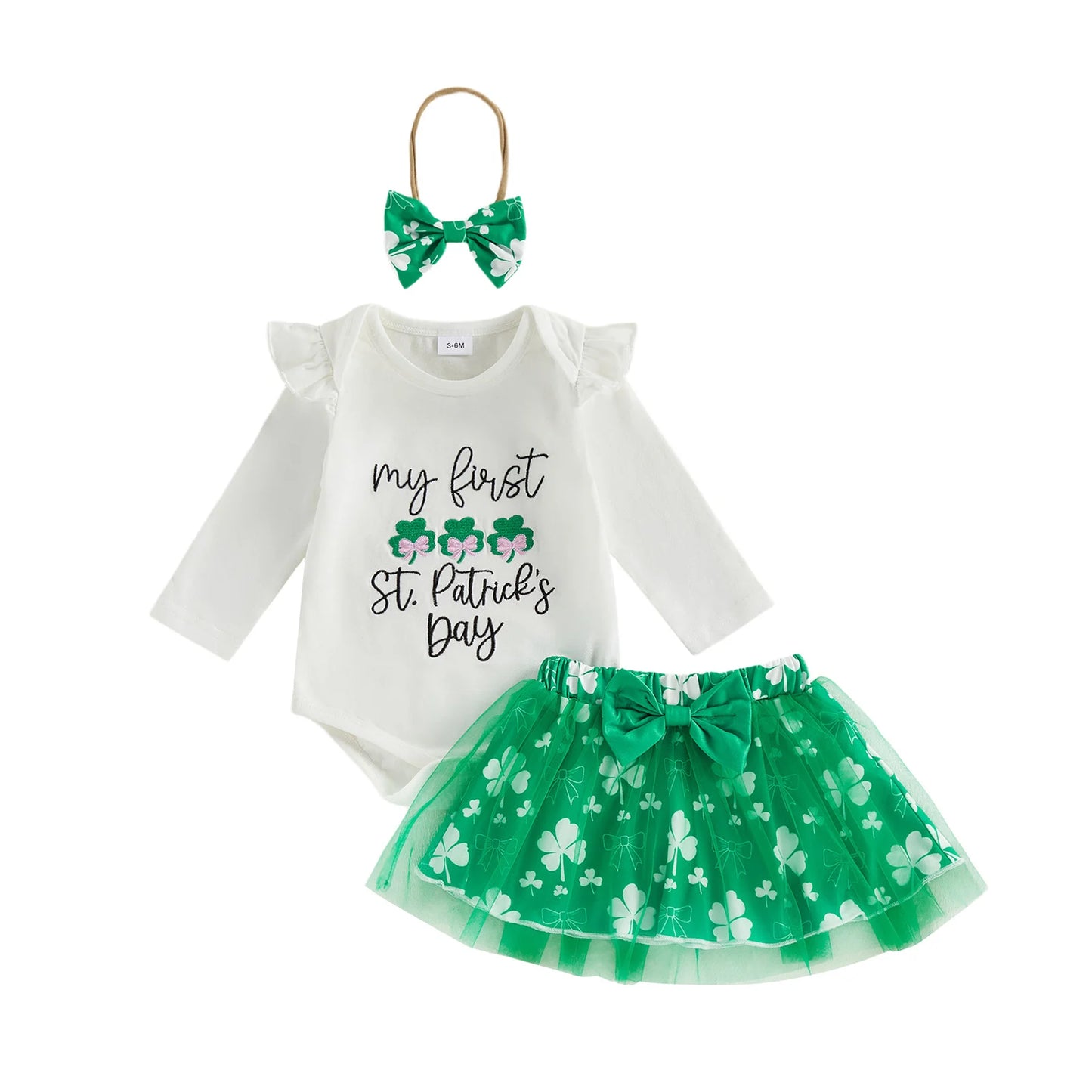 St Patrick Day Baby Girl Outfit Clover Embroidery Bodysuit Tulle Skirt Headband