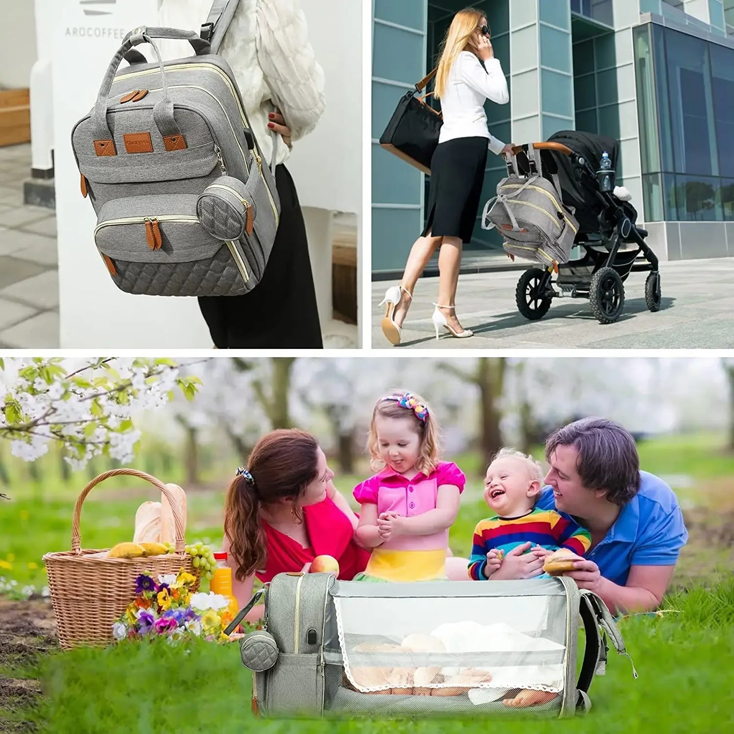3 In 1 Diaper Bag Backpack Foldable Baby Bed Waterproof Travel Bag with USB Charging