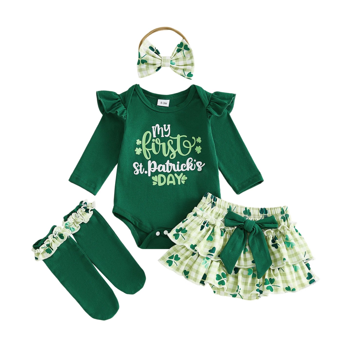 St Patrick's Day Clover Print Baby Girl Romper Set With Bow Headband Socks